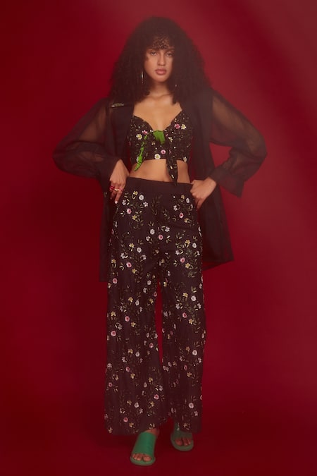 Nandita Thirani Black Silk Blend Polyester And Organza Sheer Jacket & Flared Pant Set 