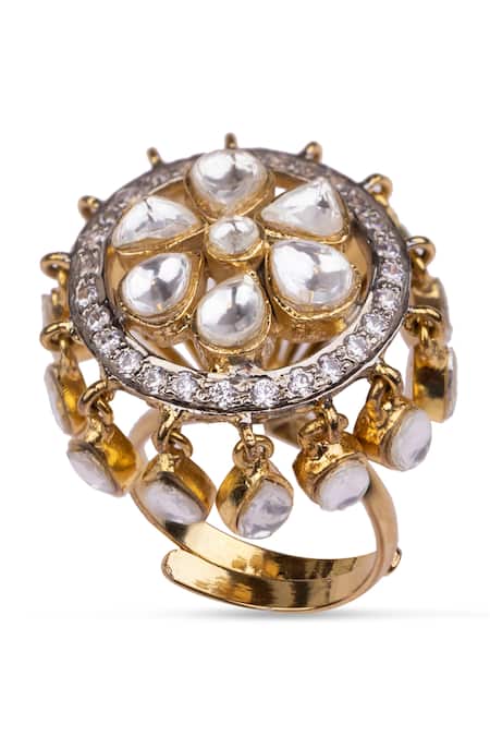 Vasundhara Gold Plated Gota Patti, Diamonds Floral Embellished Ring Online at Aza Fashions Vasundhara_Gold Plated Gota Patti, Diamonds Floral Embellished Ring _Online_at_Aza_Fashions