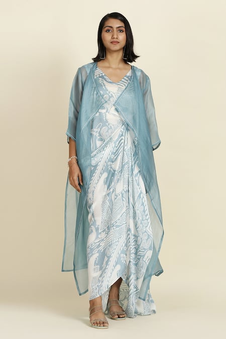 Oshi By Shikha Blue Silk Organza Embroidery V-, Open Printed Draped Dress With Jacket 