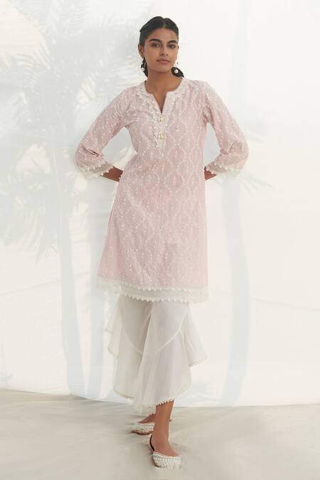 Mulmul Pink 100% Pure Mulmul Embellished Maneri Kurta And Ruffle Pant Set 