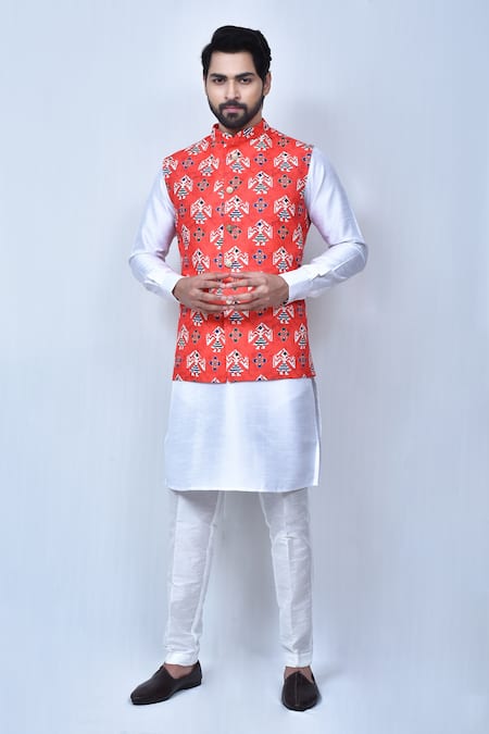 Arihant Rai Sinha Orange Kurta And Pant Art Silk Printed Patola Patterns Cotton Bundi & Set 