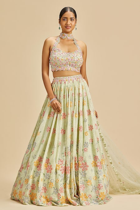 Nitika Gujral Green Lehenga Georgette Embroidery Checkered Halter Neck Thread Blouse Set 