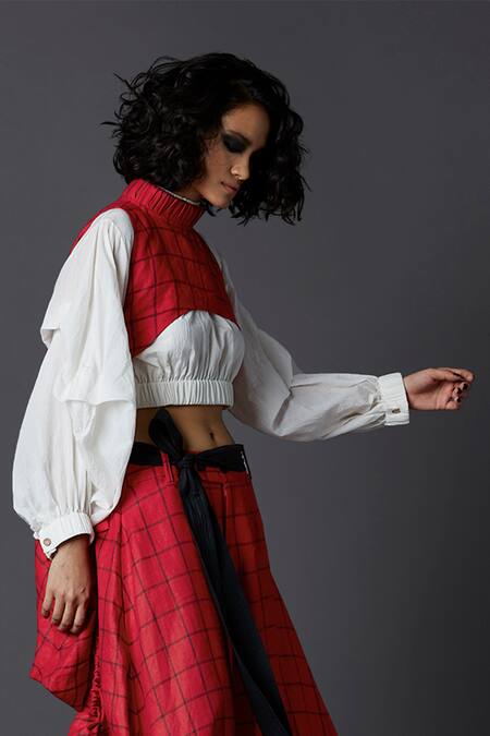 Chola Red Linen High Low Crop Top