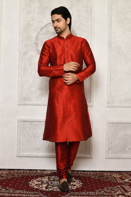 Arihant Rai Sinha Orange Dupion Silk Solid Full Sleeve Kurta