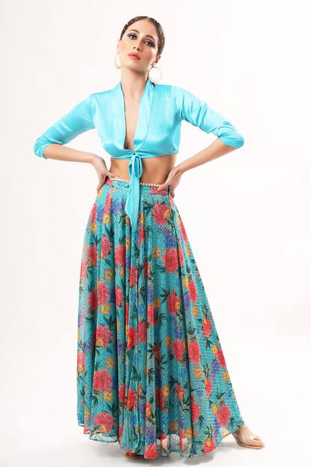 Nitya Bajaj_Blue Net, Satin Sequins V-neck Floral Print Skirt And Top Set_Online_at_Aza_Fashions