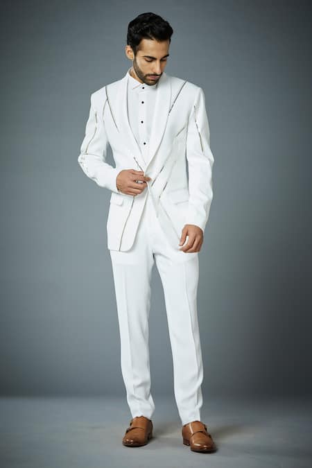 Gargee Designers White Polyester Embellished Tape Galaxy Tuxedo Jacket And Pant Set 