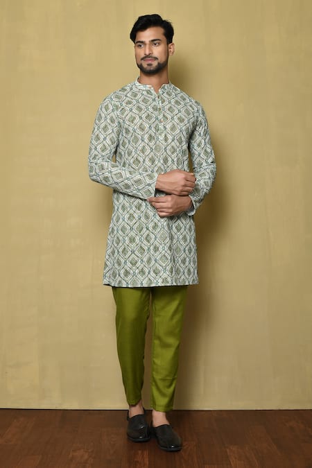 Samyukta Singhania Multi Color Viscose Chikankari Pattern Kurta And Green Pant Set
