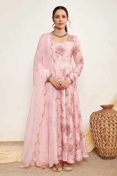 Itraake Pink Anarkali Cotton Silk Printed Floral Round Flowy Set