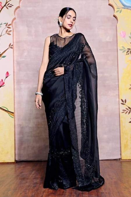 Shilpi Gupta Black Organza Embroidery Glass Cut-dana Round Saree With Blouse  