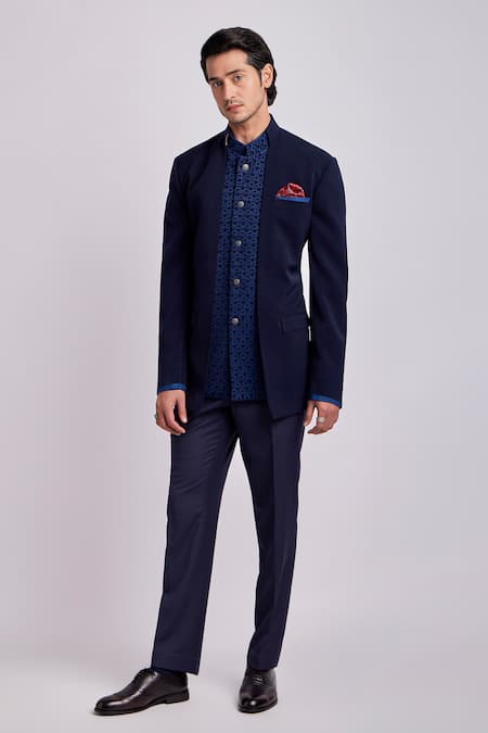 Buy Blue Crepe Wool Plain Romanov Bandhgala Jacket For Men by Bubber  Couture Online at Aza Fashions.