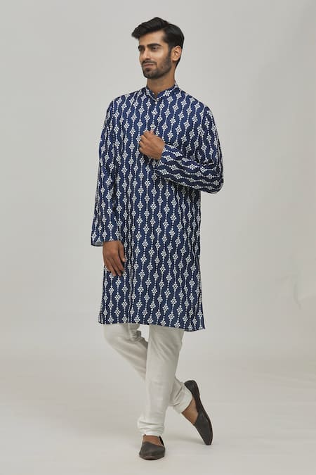 Arihant Rai Sinha Blue Cotton, Silk Geometric Print Kurta Set