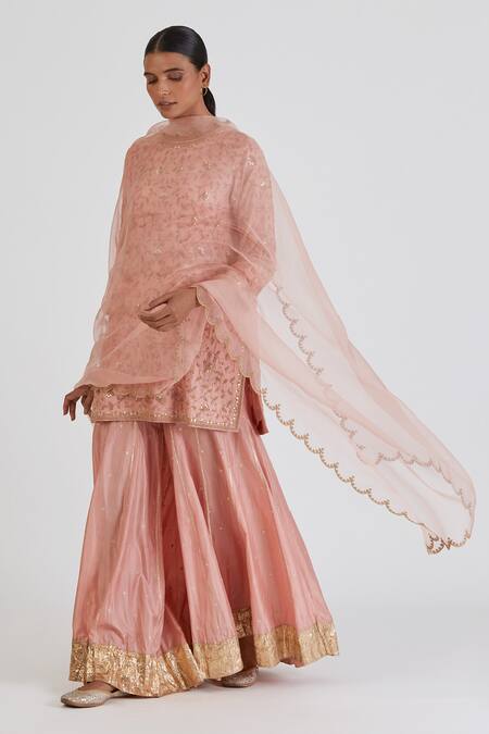Shop_Lajjoo C_Pink Silk Embroidered Floral Round Mugdha Kurta And Sharara Set _Online_at_Aza_Fashions