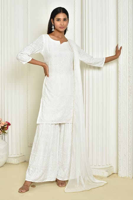 Khwaab by Sanjana Lakhani White Kurta Rayon Embroidered Sequins Notched Sharara Set 