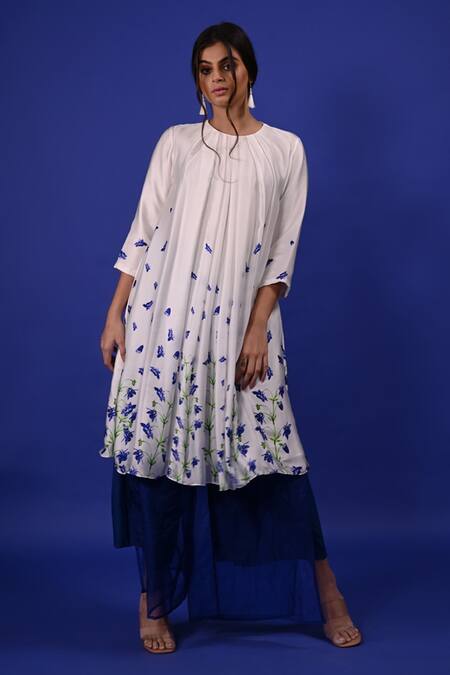 Rimi Nayak White Modal, Satin Embroidery Round Neck Clitoria Flower Print Tunic 