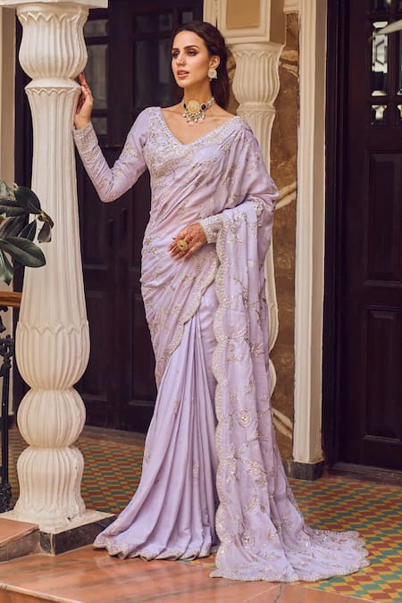 LASHKARAA Purple Georgette Embroidery Zari V Neck Pre-draped Saree With Blouse 