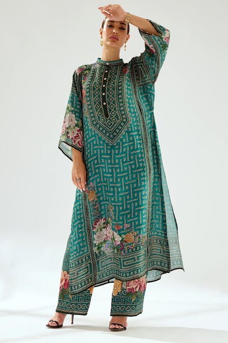 Rajdeep Ranawat Green Silk Geometric Round Band Ghazala Floral And Pattern Tunic 