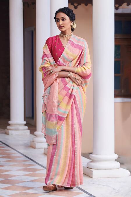 Buy HOUSE OF BEGUM Peach Pure Linen Saree With Pastel Embroidery Work with  Blouse Piece | Shoppers Stop