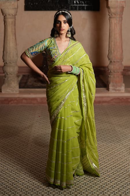 Buy Green Saree Silk Organza Printed Floral Gota Work With Blouse For Women  by Ruhr India Online at Aza Fashions.