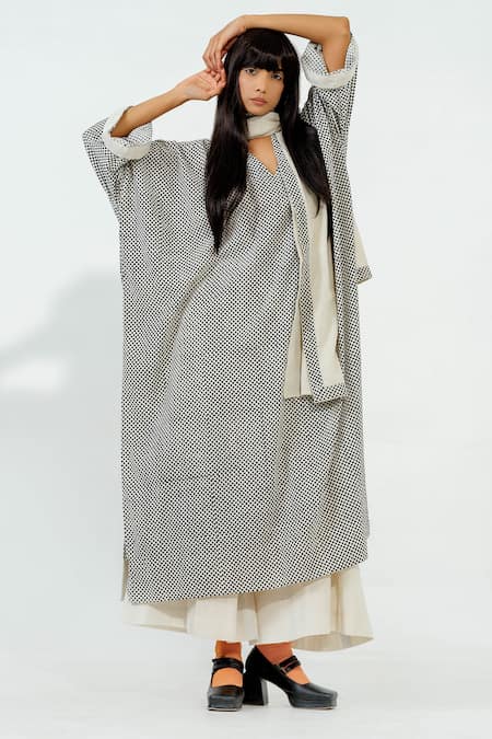 Stoique Off White Cotton, Muslin Embroidery V-neck Polka Dot Woven Dress 