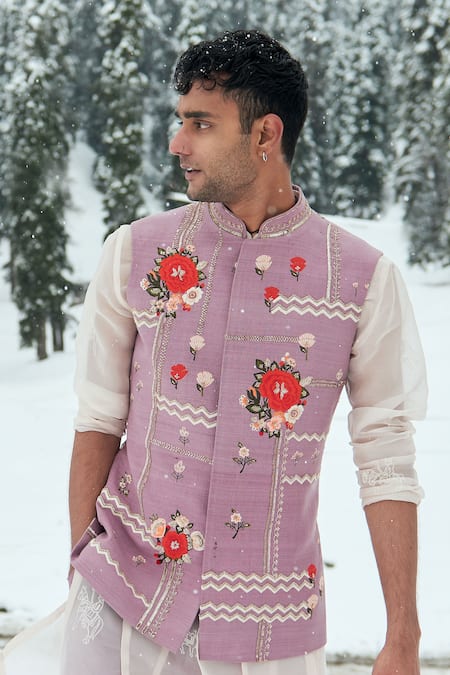 Buy Blue Silk Self Design Geometric Mandala Pattern Sleeveless Nehru Jacket  For Men by Arihant Rai Sinha Online at Aza Fashions.