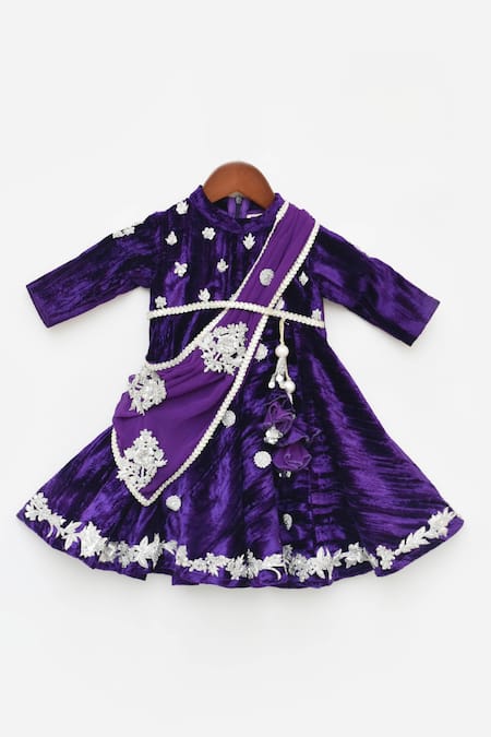 FAYON KIDS Purple Velvet Embroidery Zardozi Floral Work Anarkali