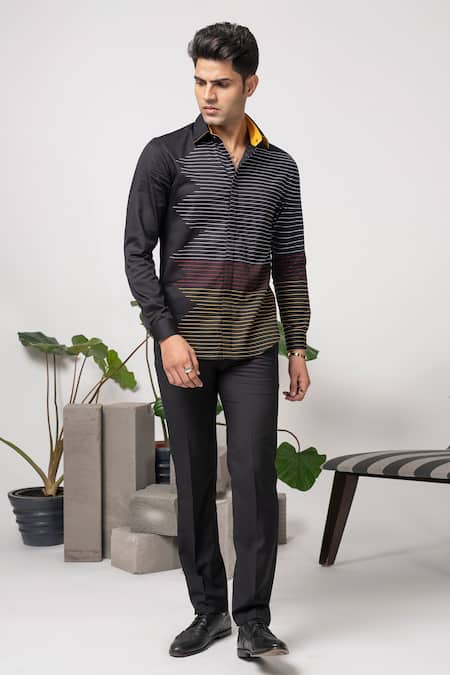 Buy Abkasa Black Cotton Dungeon Striped Shirt at Aza Fashions Buy_Abkasa_Black Cotton Dungeon Striped Shirt _at_Aza_Fashions