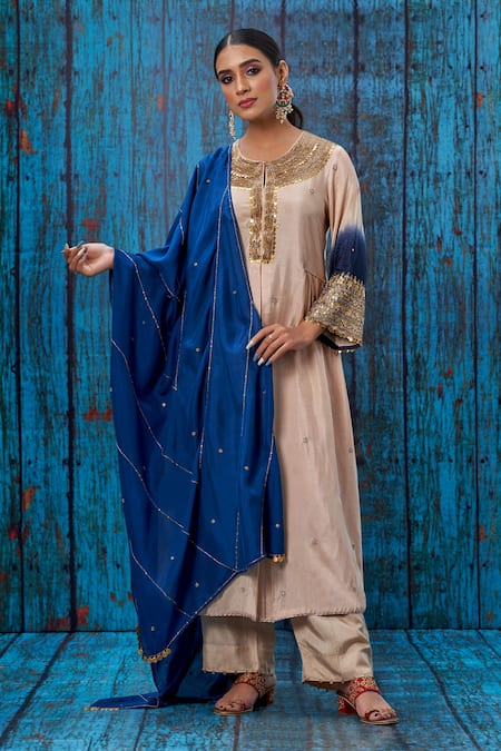 Buy_Label Niti Bothra_Ivory Silk Pitta, Marodi Keyhole And Work Kurta Palazzo Set _Online_at_Aza_Fashions