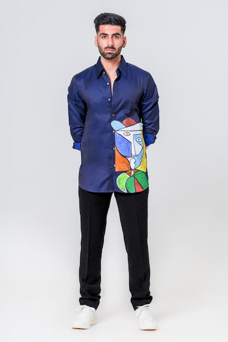 Amrit Dawani Blue Luxe Cotton Hand Painted Abstract Motif Shirt 