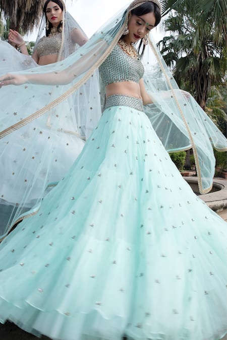 Keerthi Kadire Blue Raw Silk, Organza Scoop Neck Embroidered Lehenga Set 