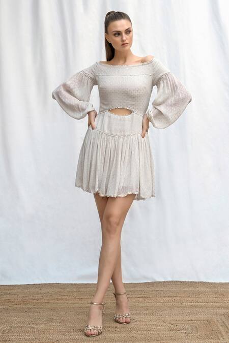 Amrta By Guneet Kondal_Off White Viscose, Georgette Lace Off-shoulder Dress_Online_at_Aza_Fashions