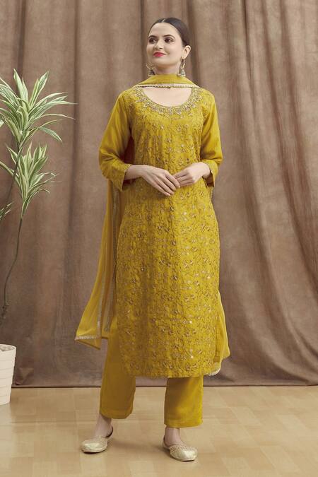 Khwaab by Sanjana Lakhani Yellow Kurta And Pant Chinon Embroidered Sequin Round Jaali Set 