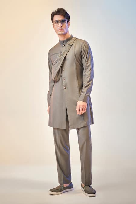 Kora By Nilesh Mitesh Green Cotton Embroidery Band Collar Indo-western Safari And Pant Set