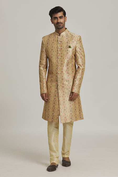 Samyukta Singhania Beige Sherwani Art Silk Printed Floral Bageecha With Churidar 