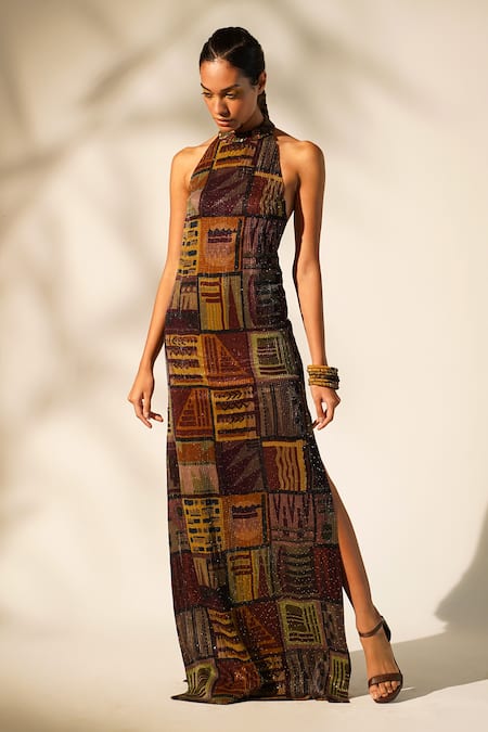 Nikita Mhaisalkar Halter Neck Abstract Print Gown 