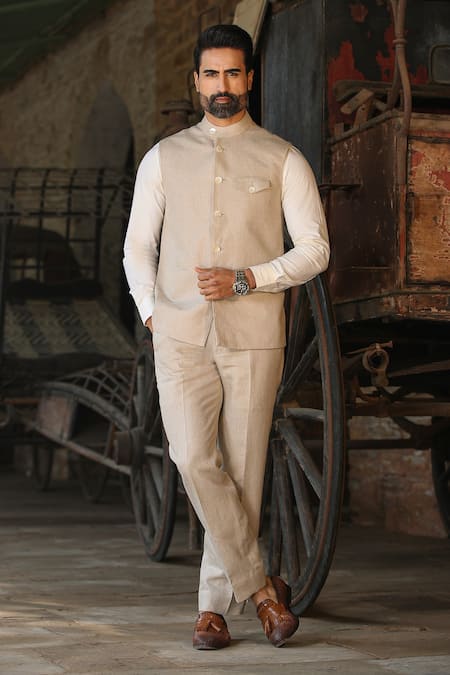 Raw & Rustic by Niti Bothra Linen Plain Bundi & Pant Set 