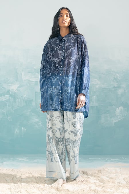 Ikai by Ragini Ahuja Blue Cotton Silk Chanderi Embroidery Nile Shibori Drop Shoulder Shirt  