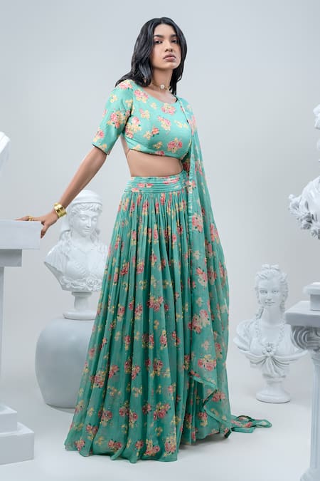 Nautanky Green Blouse- Viscose Silk Printed Floral Round Neck Lehenga Set 