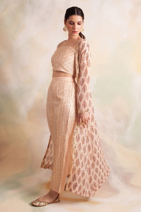 Palak & Mehak_Peach Georgette Floral Pattern Square Block Print Jacket And Crop Top Pant Set _at_Aza_Fashions