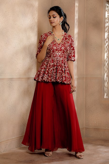 OMANA BY RANJANA BOTHRA Red Peplum - Cupro Raw Silk Embroidery Thread Zareen Flower Top And Sharara Set 