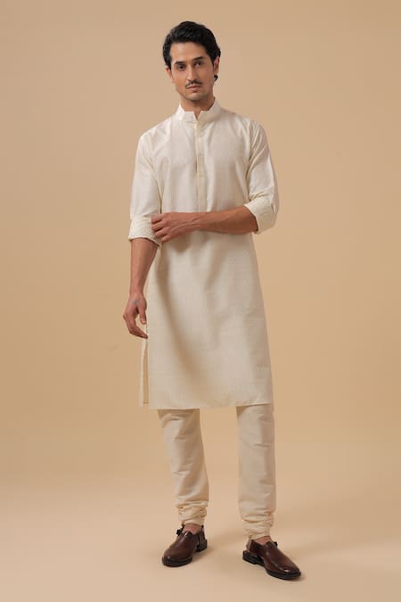 Raghavendra Rathore Blue Off White Cotton, Silk Embroidery Raw Tonal Kurta With Pant 