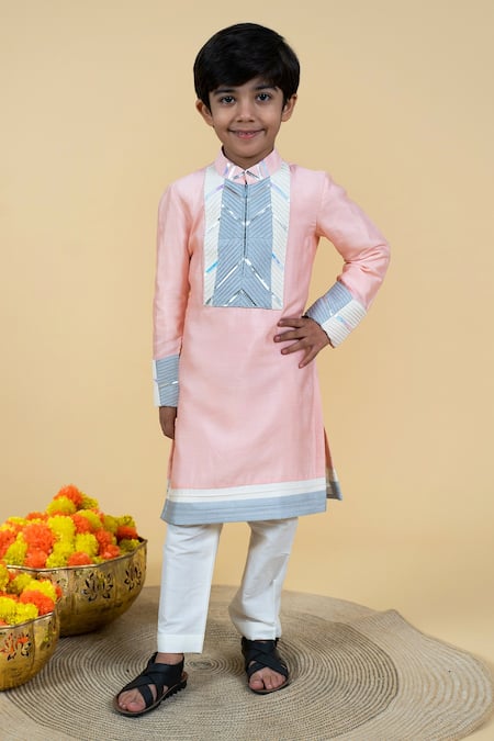 Little Boys Closet Peach Cotton Embroidery Pintucked Color Block Kurta Set 