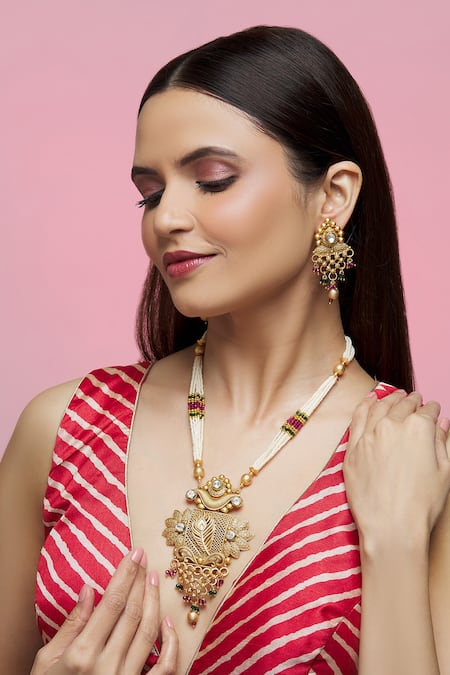 Buy Multi Color Pearl Peacock Feather Motif Long Pendant Necklace Set ...