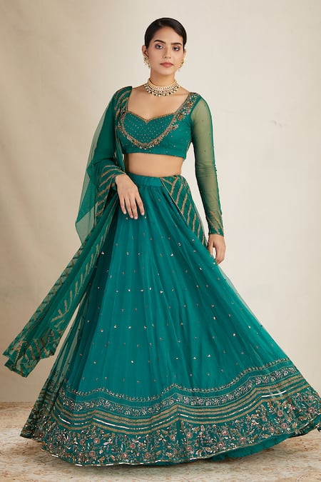 Buy Green Nylon Embroidered Nakshi Sweetheart Neck Floral Lehenga Set ...