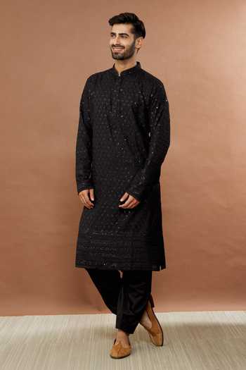 Buy Aham-Vayam Black Cotton Sequins Floral Embroidered Kurta Set at Aza Fashions Buy_Aham-Vayam_Black Cotton Sequins Floral Embroidered Kurta Set _at_Aza_Fashions