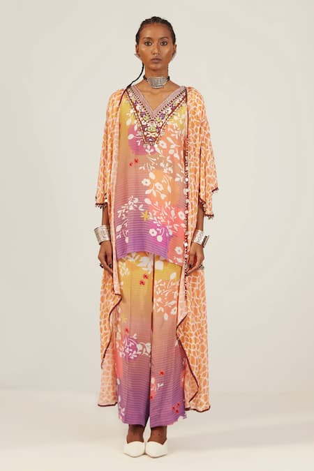 AMKA Orange Crepe And Chiffon Printed & Hand Embroidered Animal Cape Rupa Tunic Set 