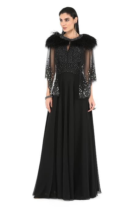 Rohit Gandhi + Rahul Khanna Black Polyester Sequins Round Neck Ace Corded Gown With Cape 