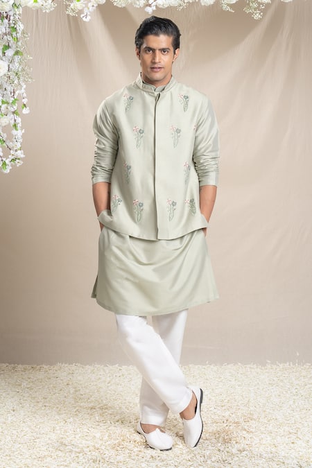 Sanjev Marwaaha Floral Sprig Embroidered Bundi Kurta Set 