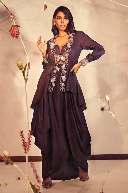Babita Malkani Wine Silk Embroidered Floral V Neck Jacket And Dhoti Skirt Set
