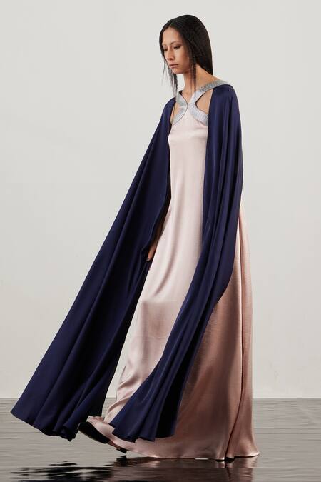 Akhl_Multi Color Textured Satin (90% Polyester 10% Elastane) + Silk Kaftan Dress _Online_at_Aza_Fashions