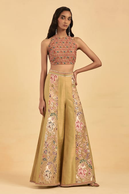 Aum By Asit And Ashima Beige Silk Hand Embroidered Thread Halter Floral Panelled Sharara And Blouse Set 